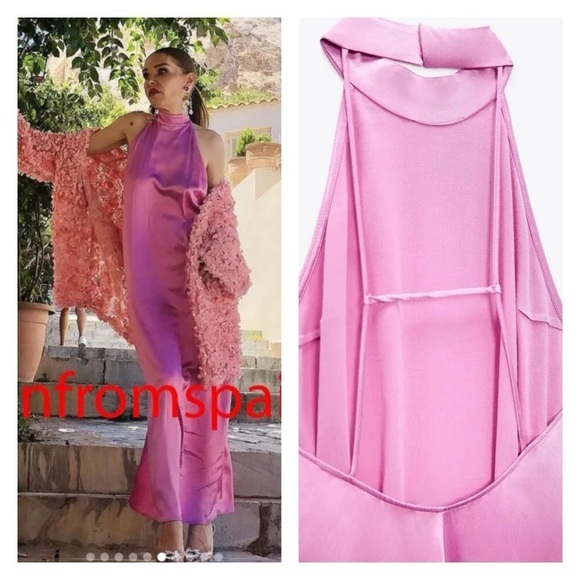 ZARA Light Pink High Neck Halter Backless Satin Midi Dress Medium Cocktail NEW - Picture 3 of 7
